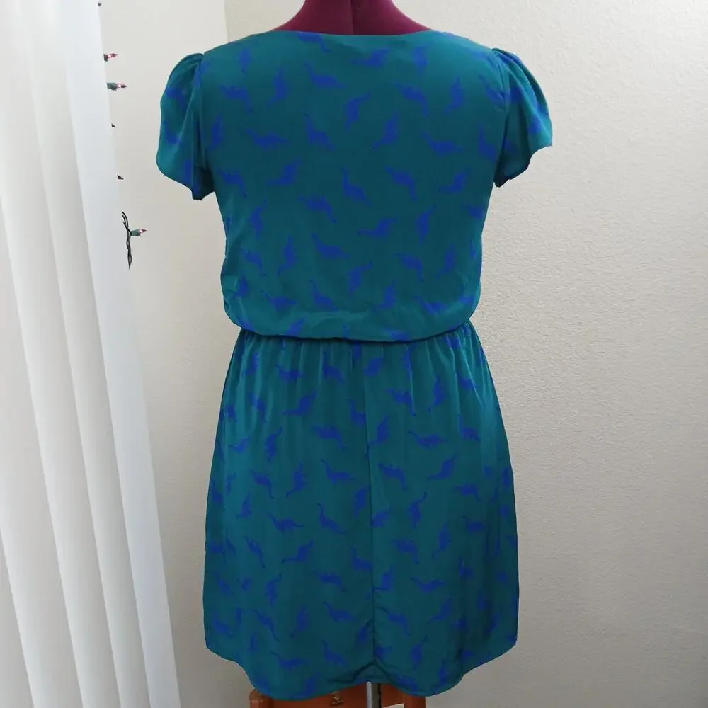 Peach Love California ModCloth Dino Print Dress M green blue blouson midi - Picture 3 of 13